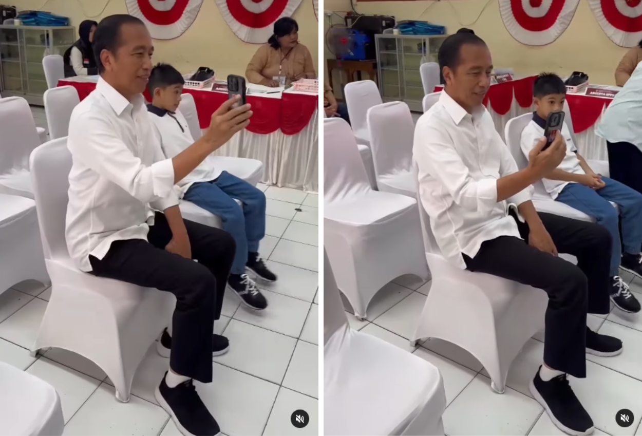 Kompak Berbaju Putih, Jokowi Iriana Nyoblos Ditemani Jan Ethes di Solo