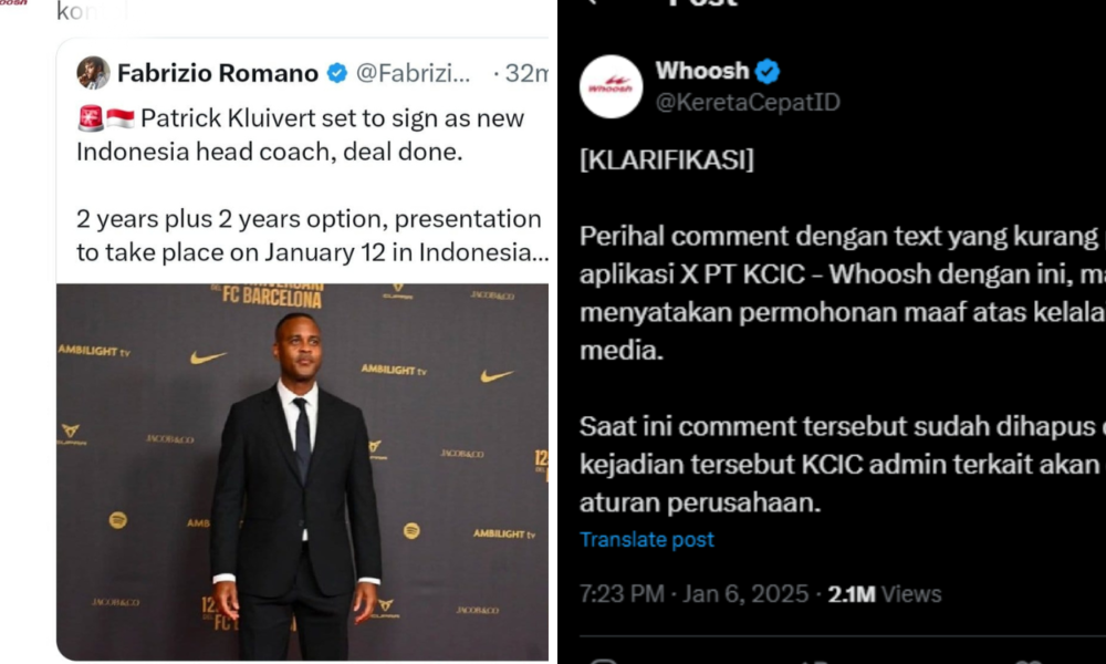 Admin Medsos Hina Patrick Kluivert di X, Pihak Whoosh Minta Maaf dan Akan Berikan Sanksi