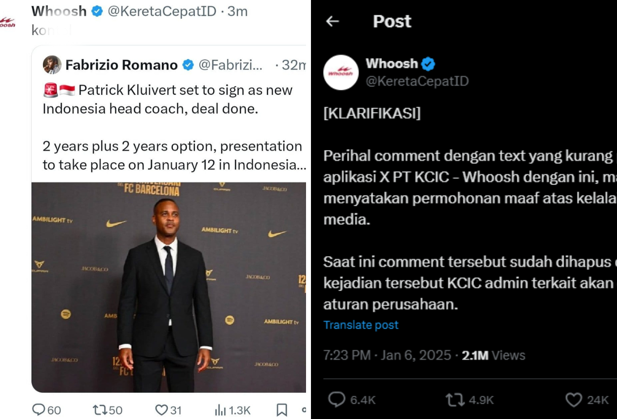 Admin Medsos Hina Patrick Kluivert di X, Pihak Whoosh Minta Maaf dan Akan Berikan Sanksi