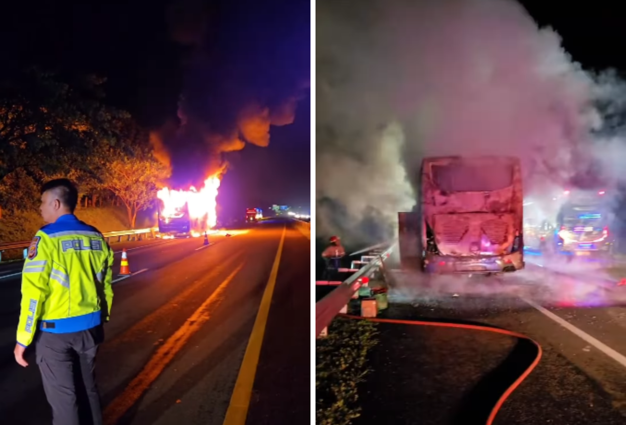 Bus Terbakar Hebat di KM 139 Tol Cipali, Seluruh Penumpang Selamat