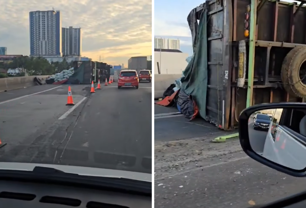 Kecelakaan di KM 19 Tol Tangerang, Truk Terguling dan Alami Kerusakan Parah