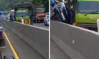 Kecelakaan di Tol Cipularang Km 80, Mobil Terjepit dan Tabrak Pembatas Jalan Akibat Truk Fuso yang Pecah Ban