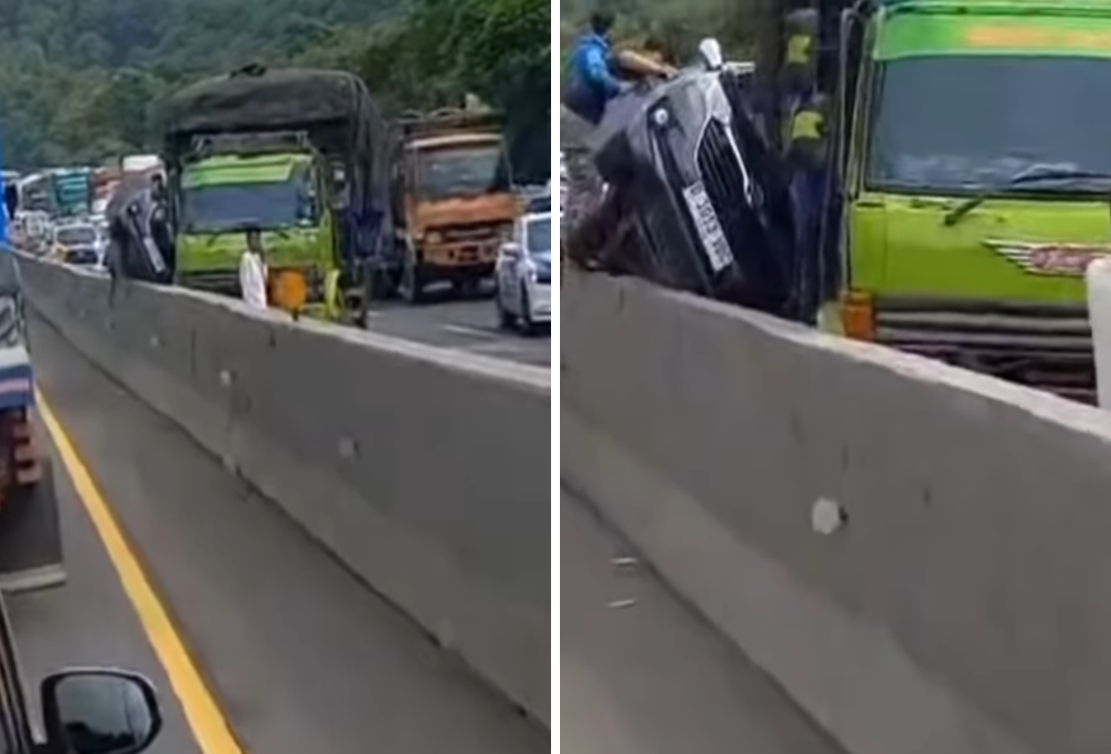 Kecelakaan di Tol Cipularang Km 80, Mobil Terjepit dan Tabrak Pembatas Jalan Akibat Truk Fuso yang Pecah Ban
