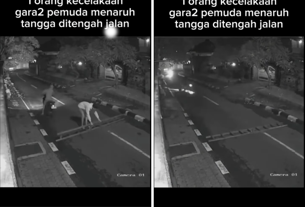 Terekam Video, 2 Pria Pasang Tangga di Tengah Jalan hingga Akibatkan 1 Orang Kecelakaan