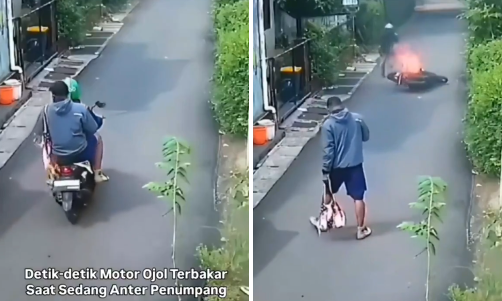 Terekam Video, Motor Ojol Ini Mendadak Terbakar saat Antar Penumpang