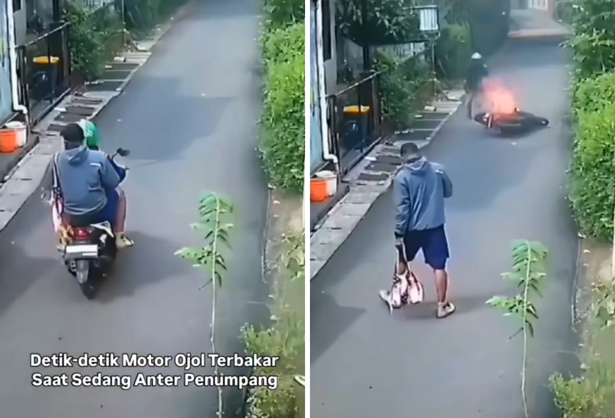 Terekam Video, Motor Ojol Ini Mendadak Terbakar saat Antar Penumpang