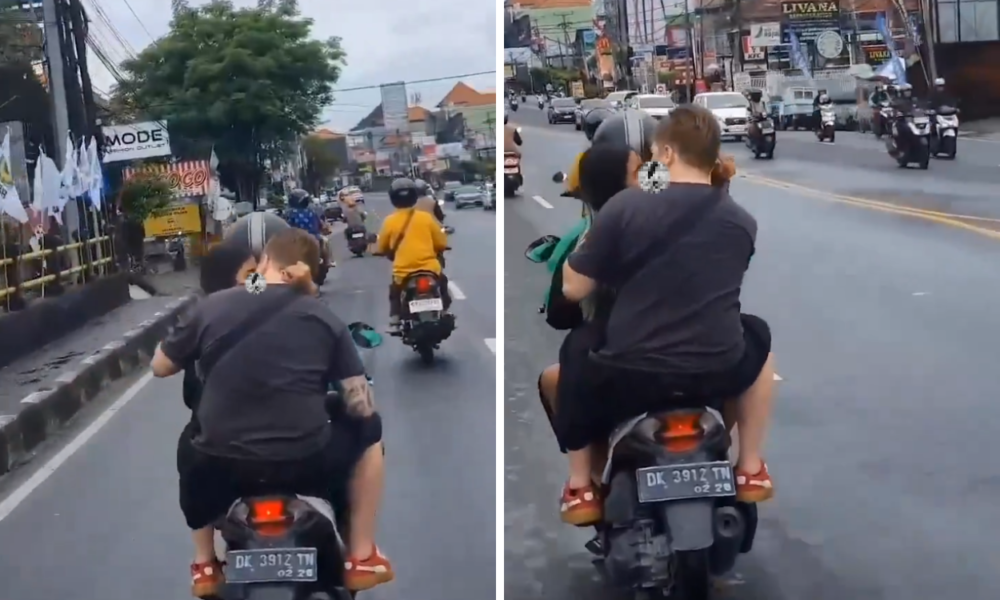 Viral Aksi Nyeleneh Bule Bali Bonceng Tiga di Ojol sambil Berciuman di Atas Motor