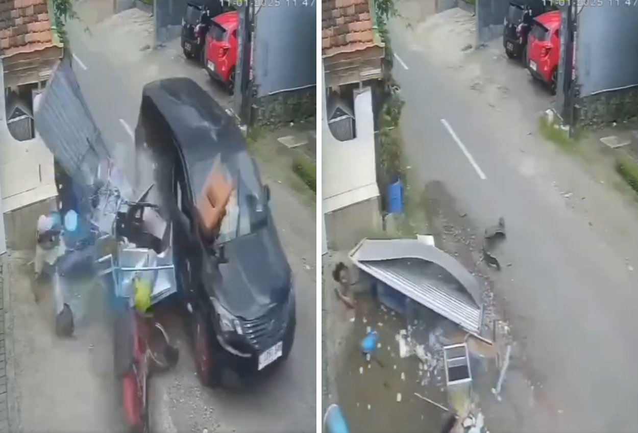 Viral! Mobil Tabrak Pedagang Bakso di Kediri hingga Gerobak Hancur