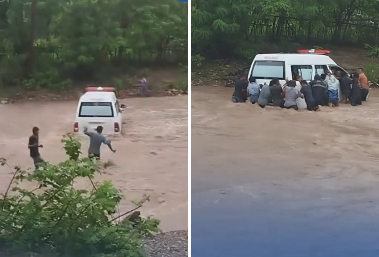 Ambulans Nekat Terobos Banjir Deras Demi Antar Ibu Ke Rumah Sakit