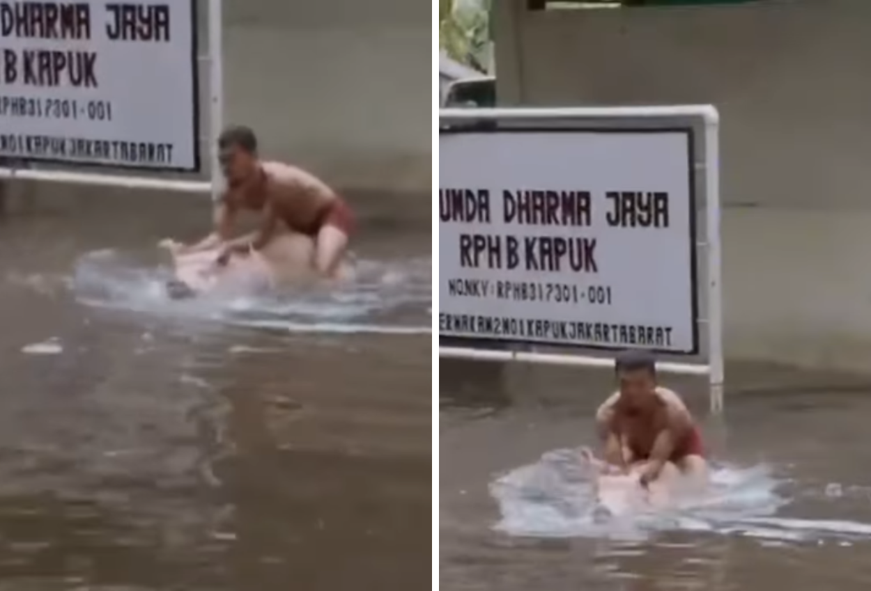 Pemuda di Jakbar Naik Babi Milik RPH saat Banjir, Netizen Naik Babi Juga Enak