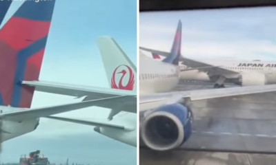 Pesawat Japan Airlines Menabrak Pesawat Delta Airlines Yang Terparkir, Sayap Tersangkut Di Ekor
