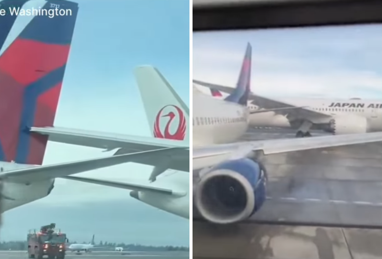 Pesawat Japan Airlines Menabrak Pesawat Delta Airlines Yang Terparkir, Sayap Tersangkut Di Ekor