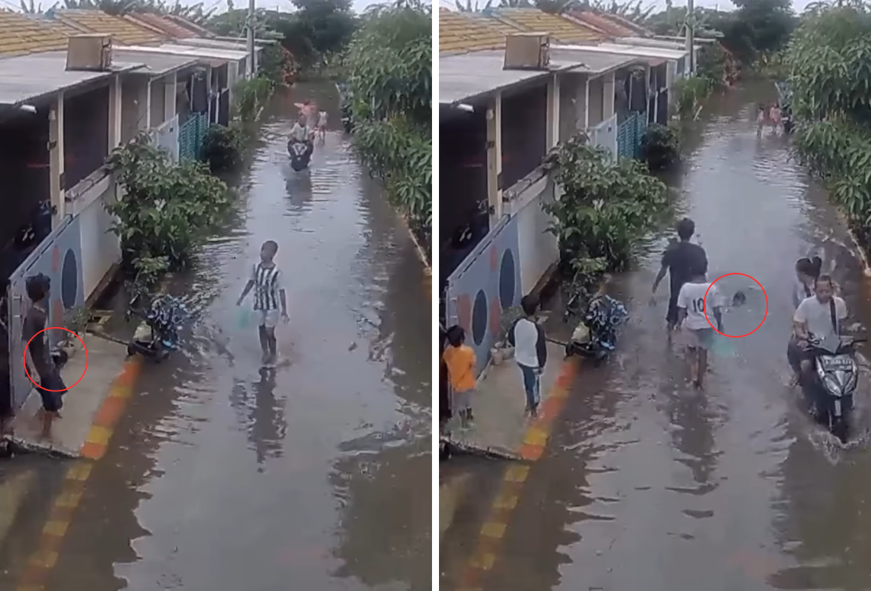 Terekam Video, Ayah Lempar Anak Ke Genangan Air Saat Banjir Di Bekasi