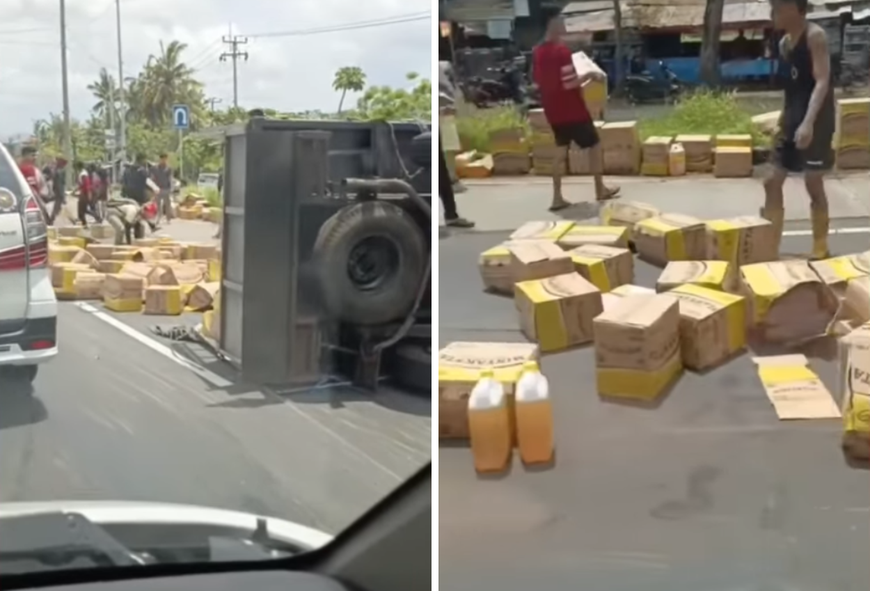 Warga Bali Tuai Pujian Karena Ikut Bantu Angkut Muatan Truk Yang Terguling