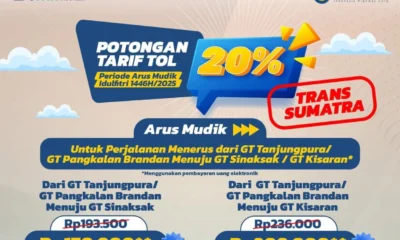 Diskon tol 20% untuk ruas trans sumatra berlaku saat mudik dan arus balik lebaran 2025