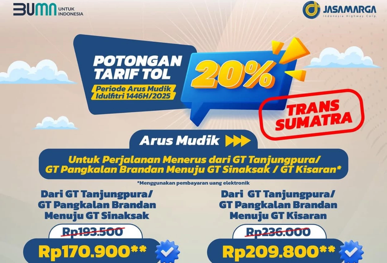 Diskon tol 20% untuk ruas trans sumatra berlaku saat mudik dan arus balik lebaran 2025