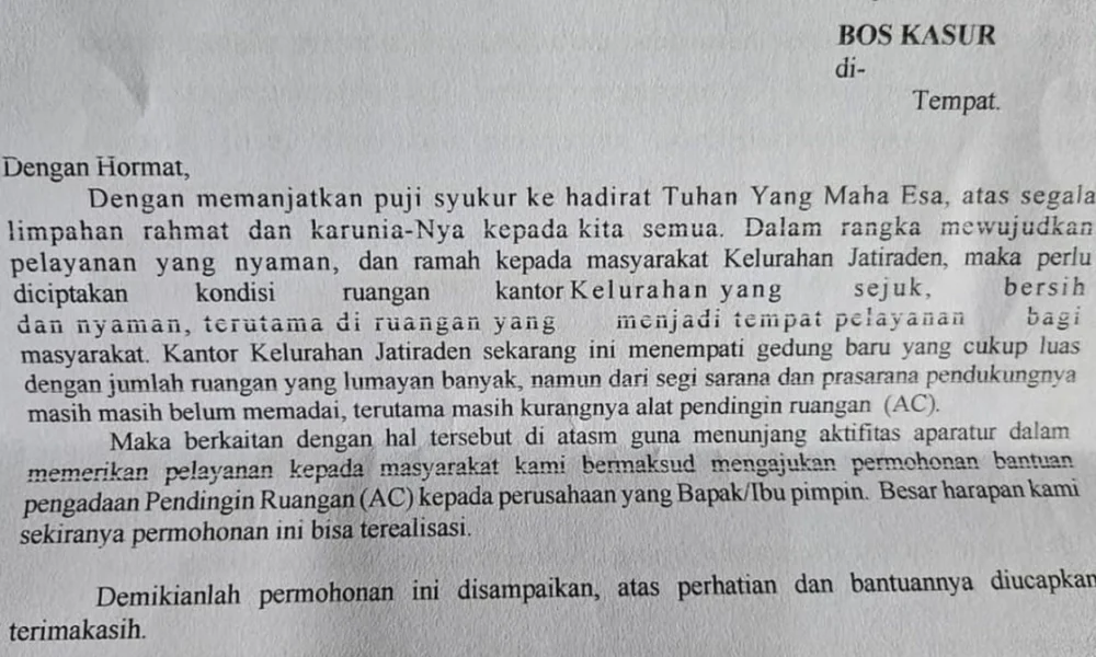 Kelurahan jatiraden bekasi minta sumbangan ac supaya pelayanan nyaman dan ramah