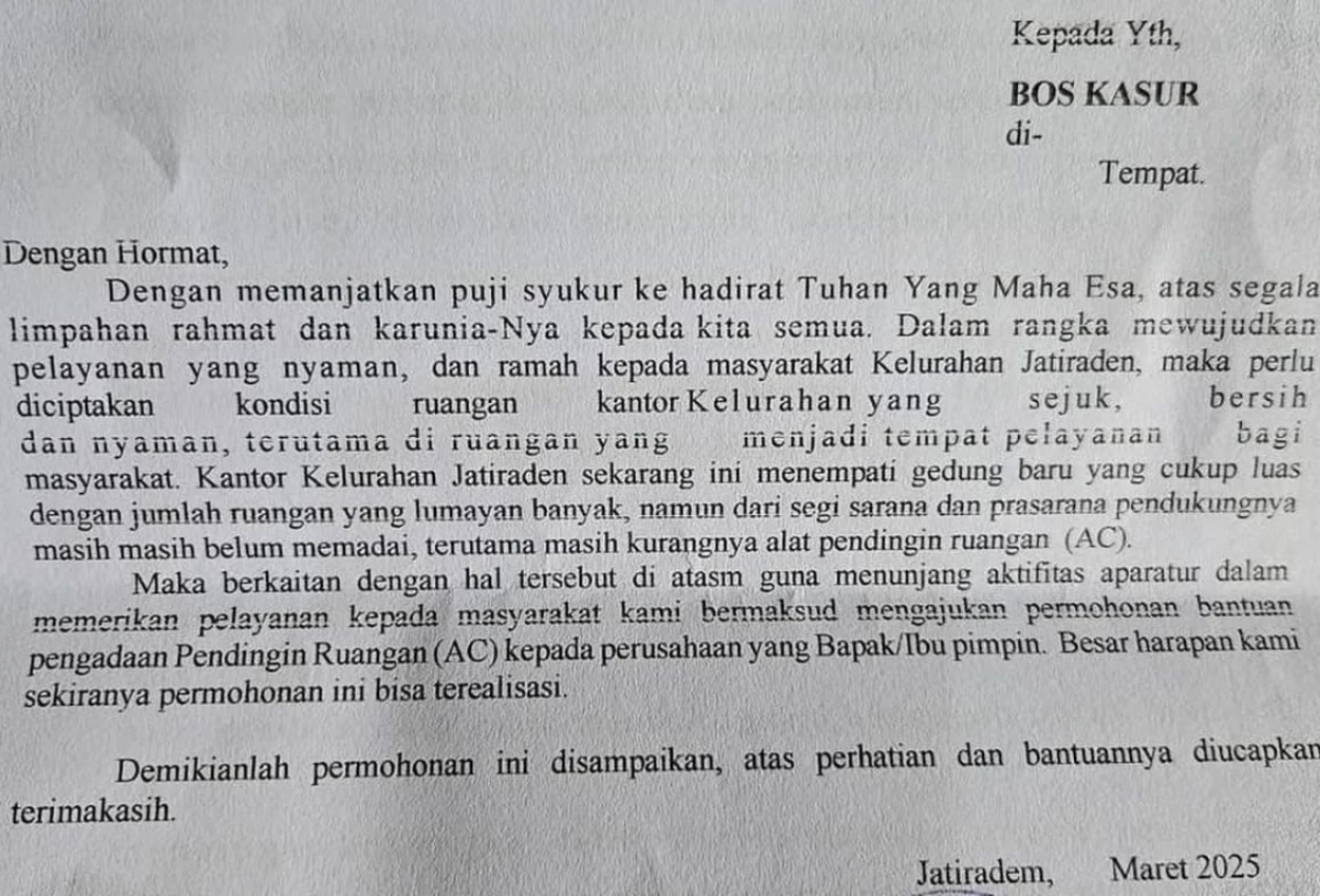 Kelurahan jatiraden bekasi minta sumbangan ac supaya pelayanan nyaman dan ramah