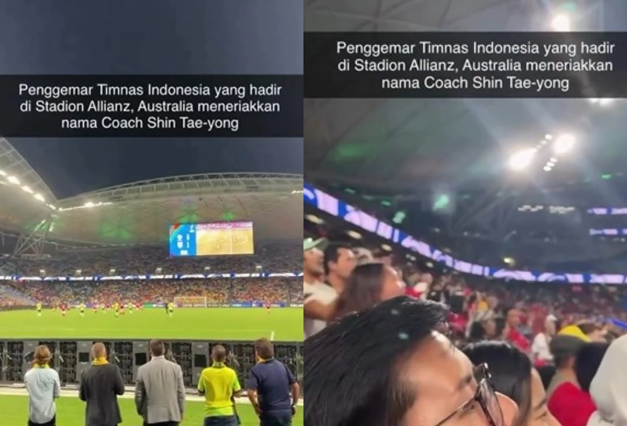 Suporter indonesia kompak teriakkan nama shin tae yong di allianz stadion saat timnas indonesia dibantai australia
