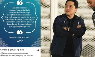 Timnas indonesia kalah dari australia, erick thohir unggah ayat al qur'an