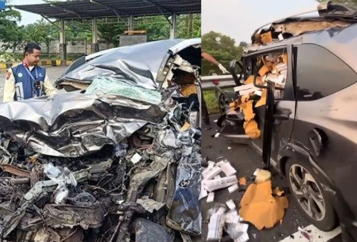 Lawan arah di tol pekalongan, mobil brv diduga bawa rokok ilegal tabrakan dengan bus suporter bola