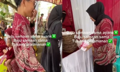 Momen lucu, pria ini pakai baju couple an dengan petugas katering di kondangan
