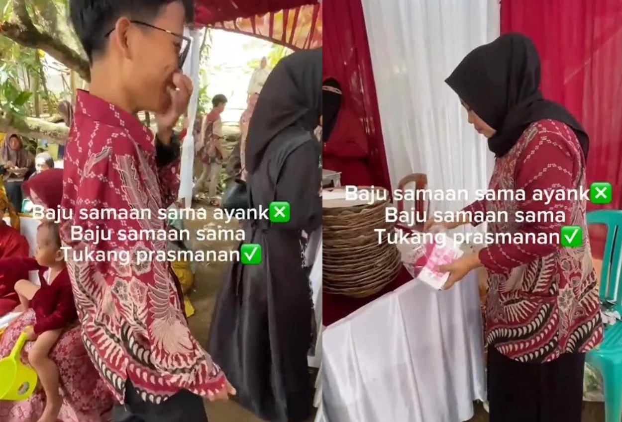 Momen lucu, pria ini pakai baju couple an dengan petugas katering di kondangan