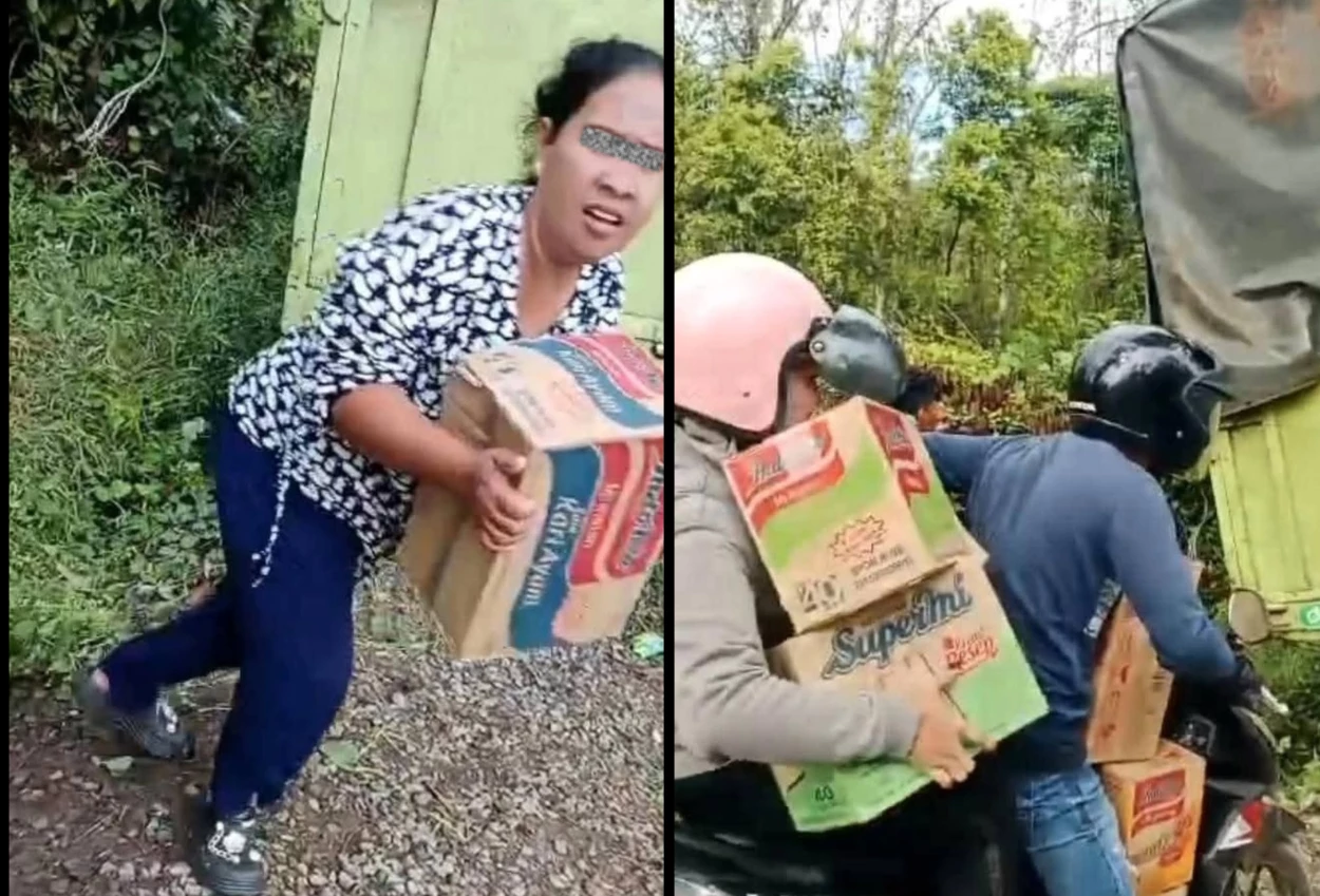 Viral! truk terperosok di banyasin, warga malah jarah barang barang yang berhamburan di jalan