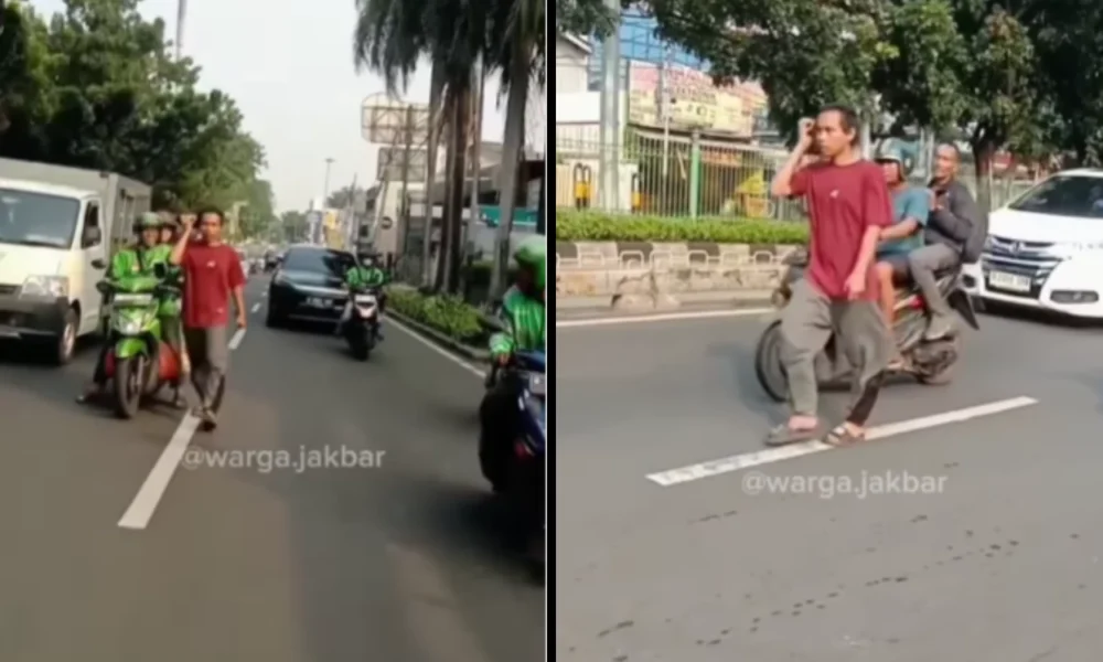 Viral! seorang pria tampak linglung berjalan kaki di tengah jalan raya