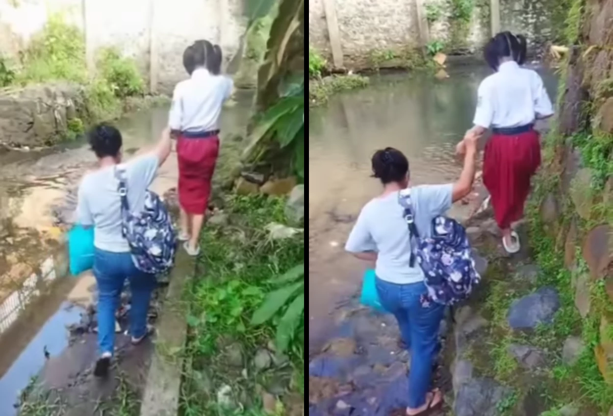 Gara gara sengketa lahan, siswi sd di semarang terpaksa berangkat sekolah lewat sungai