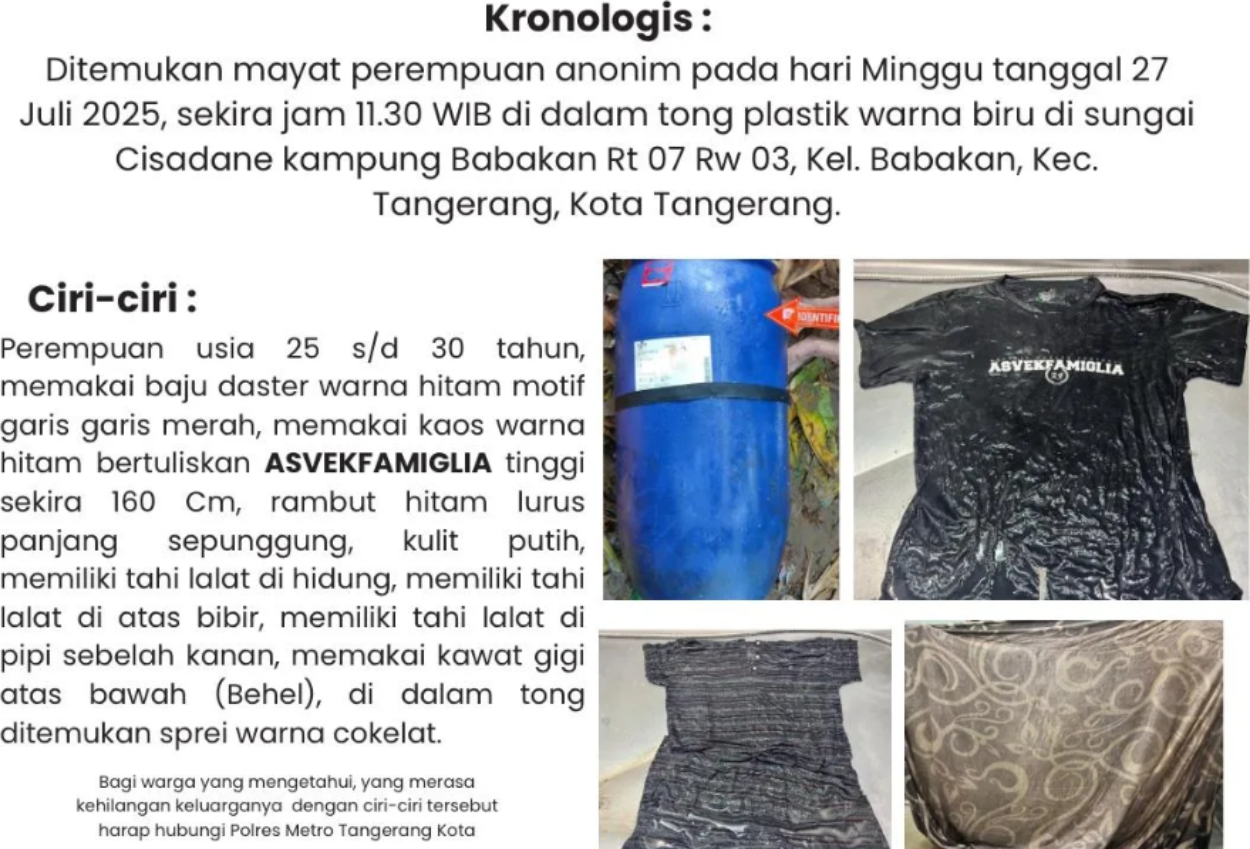Identitas mayat dalam tong di sungai cisadane belum terungkap, polisi rilis ciri ciri korban