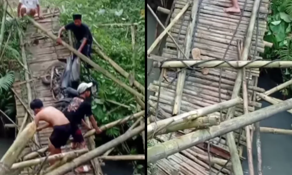Jembatan bambu penghubung antar kampung di pandeglang roboh