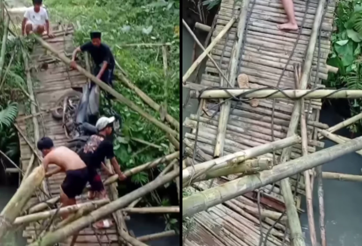 Jembatan bambu penghubung antar kampung di pandeglang roboh