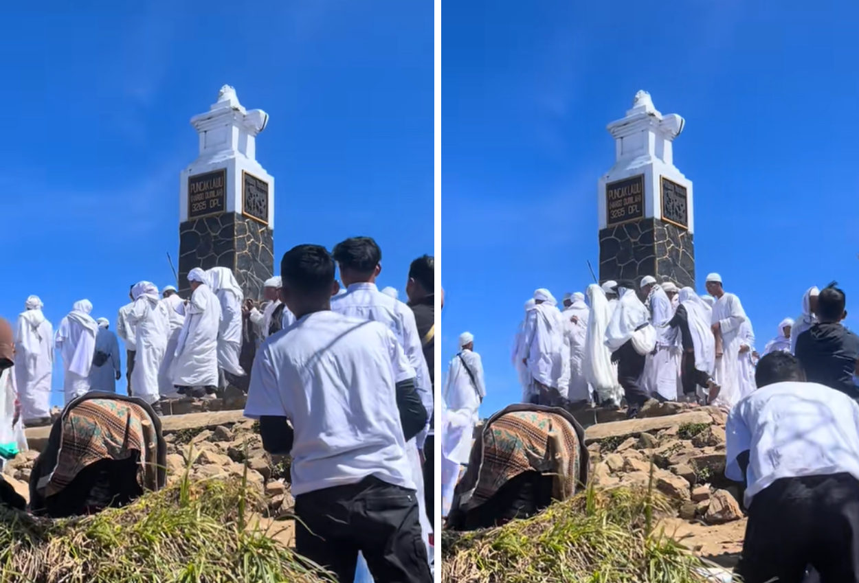 Viral! rombongan berbusana putih kelilingi tugu puncak hargo dumilah di gunung lawu