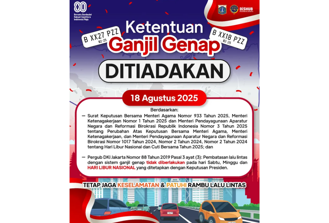 Cuti bersama, ganjil genap 18 agustus 2025 ditiadakan