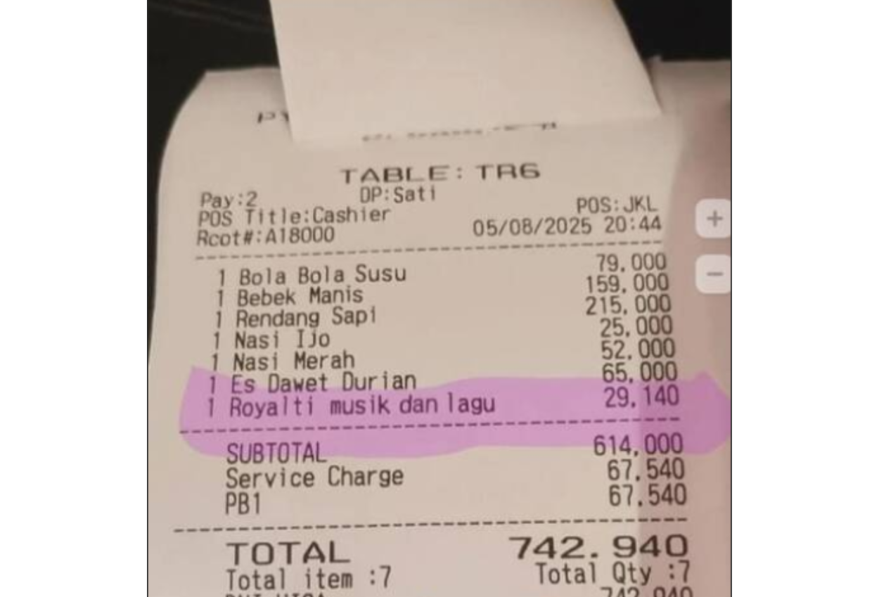 Heboh struk tagihan di restoran cantumkan biaya royalti musik, ada yang janggal