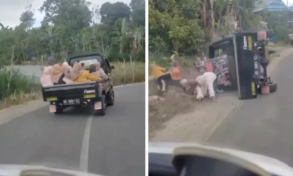 Ngeri! mobil pikap bawa rombongan ibu ibu terguling saat melaju kencang
