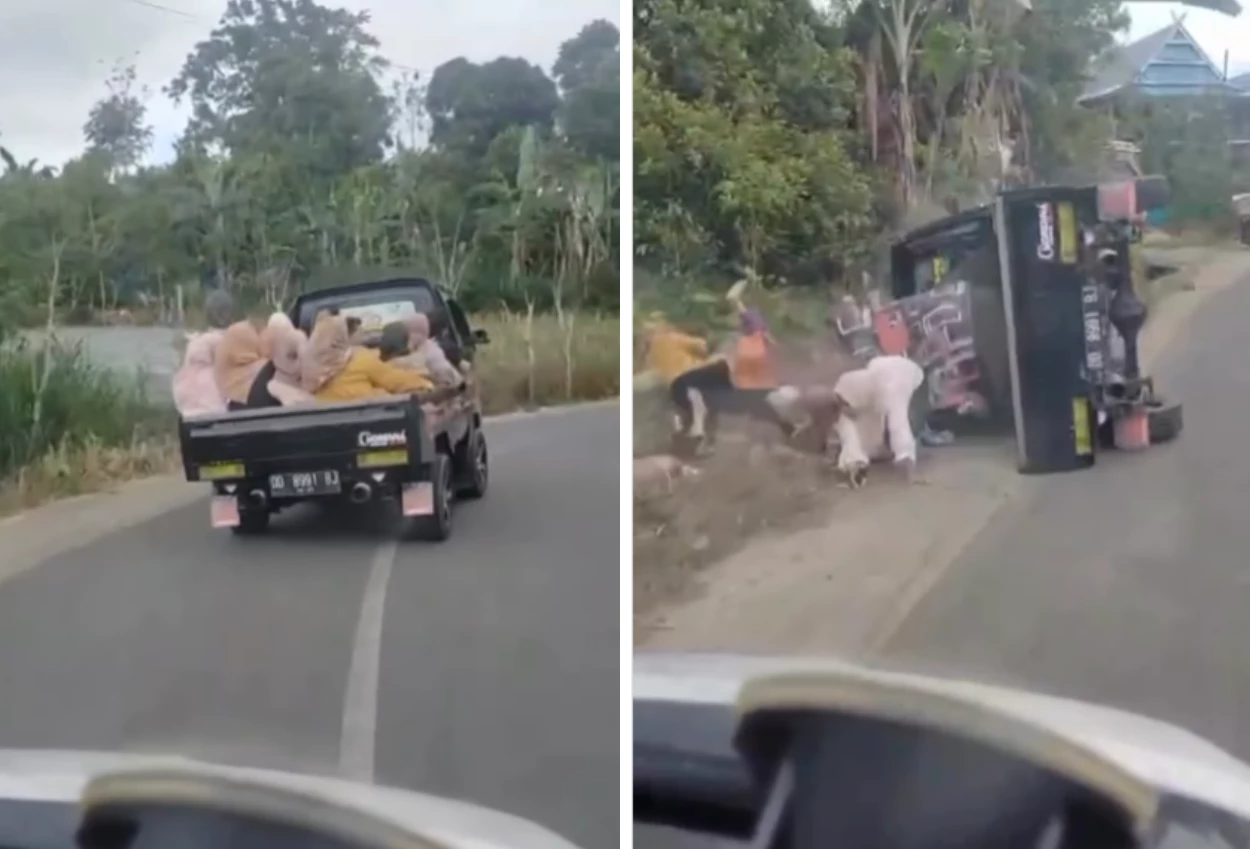 Ngeri! mobil pikap bawa rombongan ibu ibu terguling saat melaju kencang