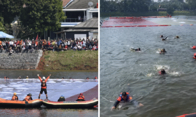Rayakan hut ri, ratusan relawan bentangkan merah putih raksasa di danau situ gintung