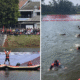 Rayakan hut ri, ratusan relawan bentangkan merah putih raksasa di danau situ gintung