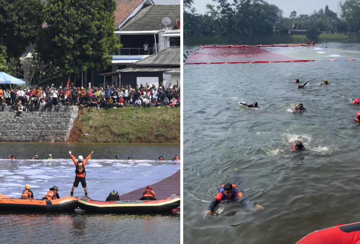 Rayakan hut ri, ratusan relawan bentangkan merah putih raksasa di danau situ gintung