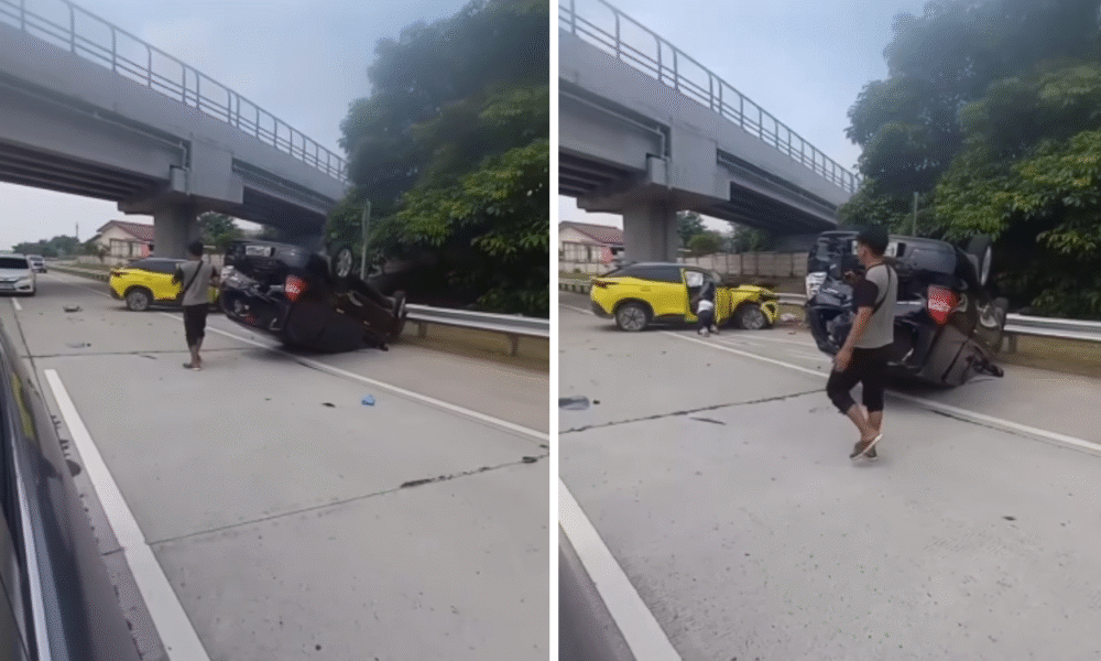 Terjadi kecelakaan di tol serpong, satu mobil terbalik (1)