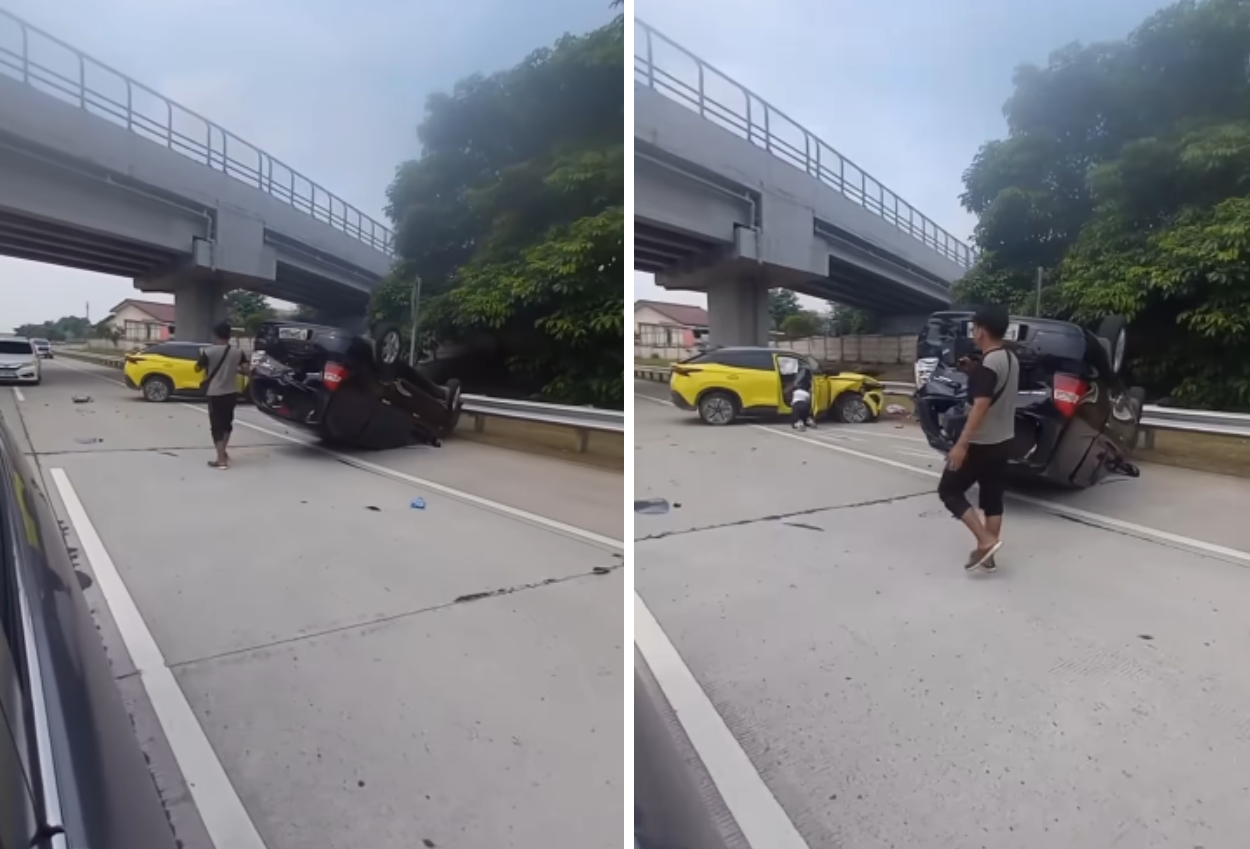 Terjadi kecelakaan di tol serpong, satu mobil terbalik (1)