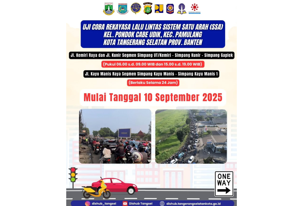 Uji coba one way di pondok cabe bakal diterapkan mulai 10 september, ini titik lokasinya
