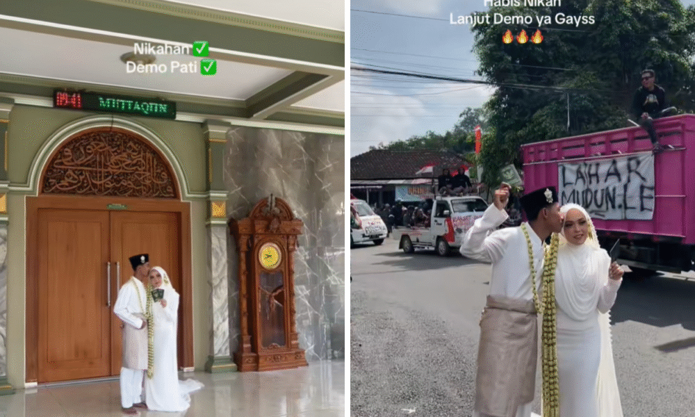 Viral! pasangan ini nikah di tengah demo di pati, habis akad langsung ikut unjuk rasa
