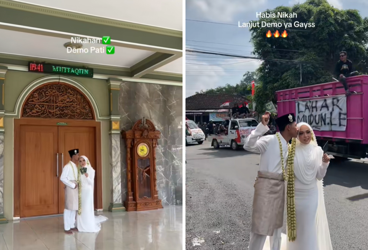 Viral! pasangan ini nikah di tengah demo di pati, habis akad langsung ikut unjuk rasa