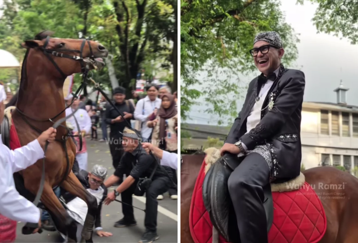 Wabup cianjur, ramzi terjatuh dari kuda saat rayakan kirab budaya hut jabar