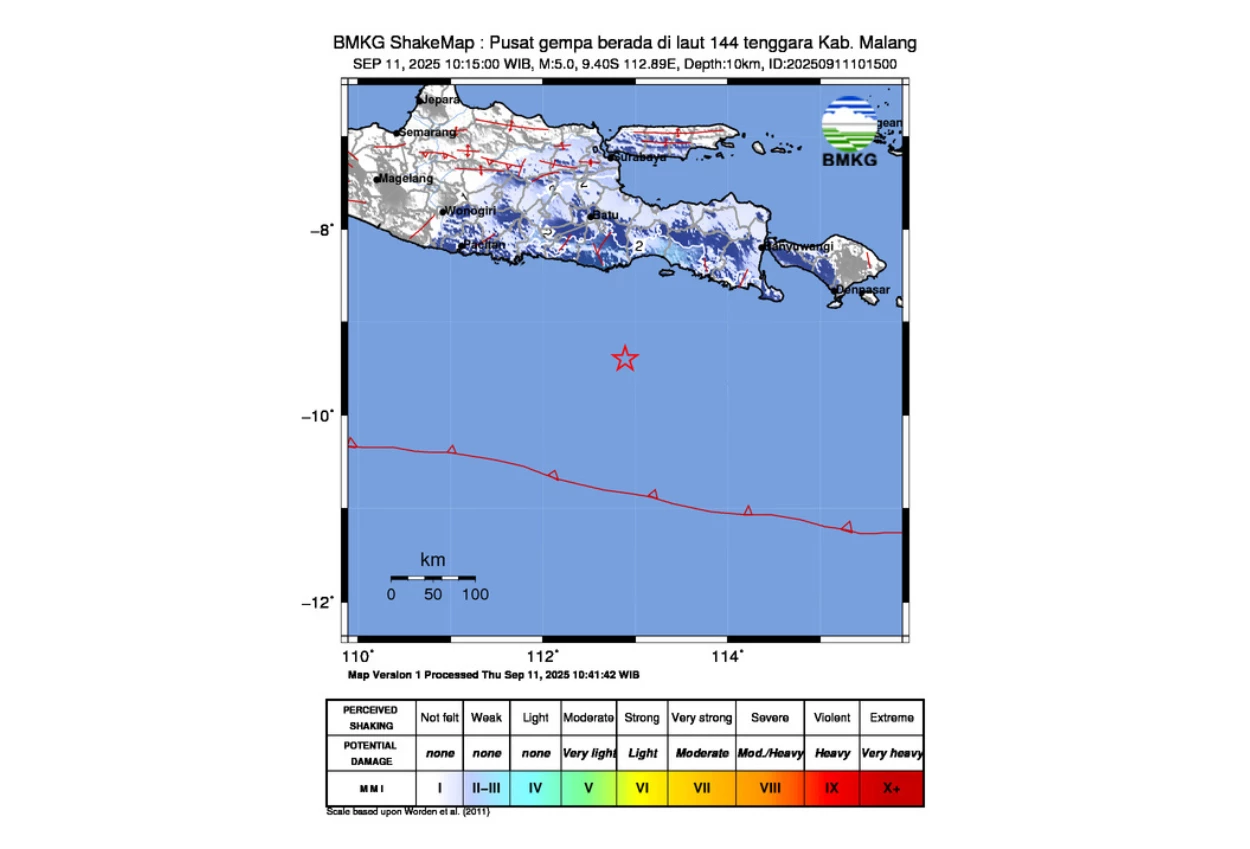 Gempa m 5,1 guncang malang, tak berpotensi tsunami
