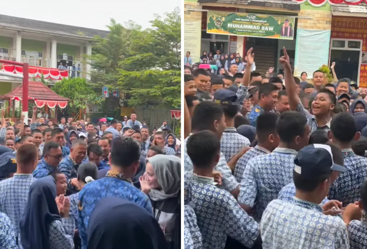 Momen haru, siswa smpn 1 prabumulih sambut kembali kepsek yang tak jadi dicopot dari jabatannya