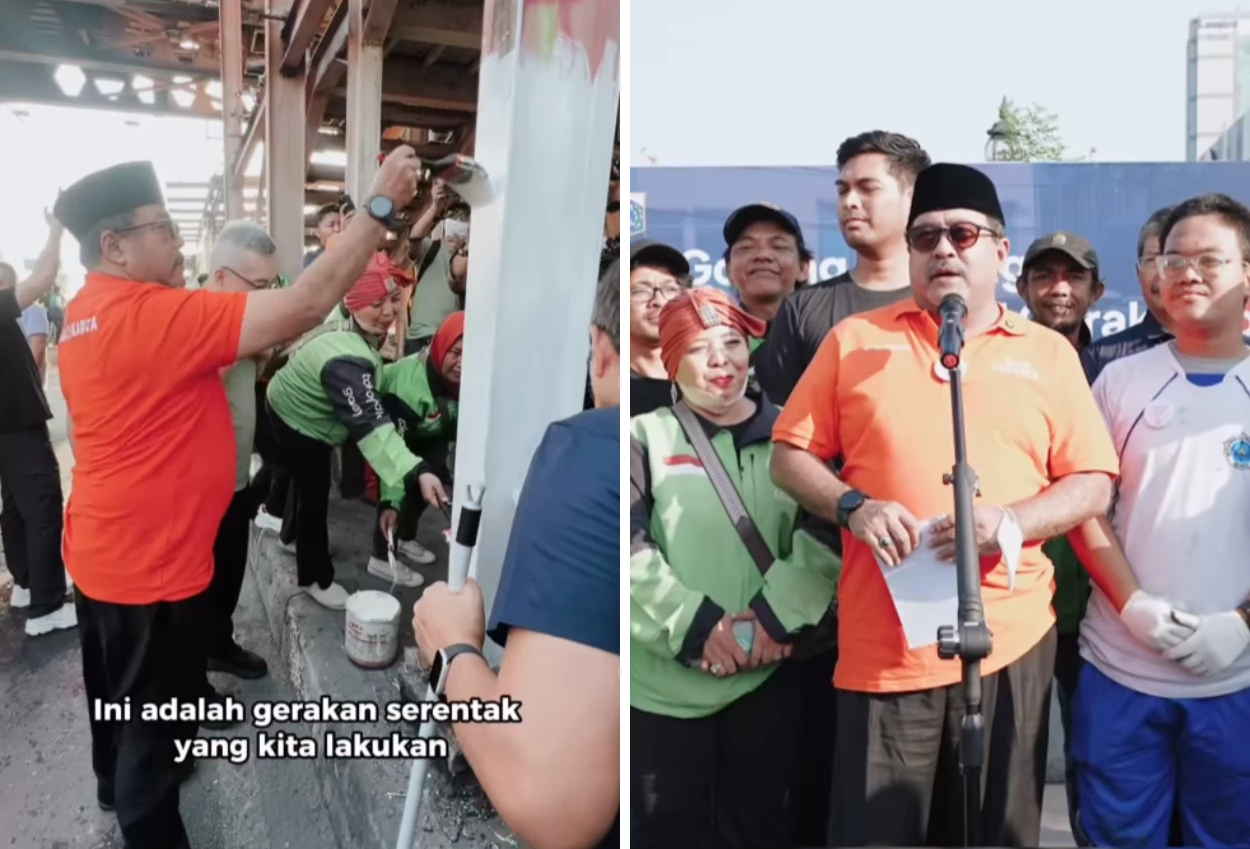 Rano karno dan driver ojol kompak bersihkan halte senen yang dibakar massa